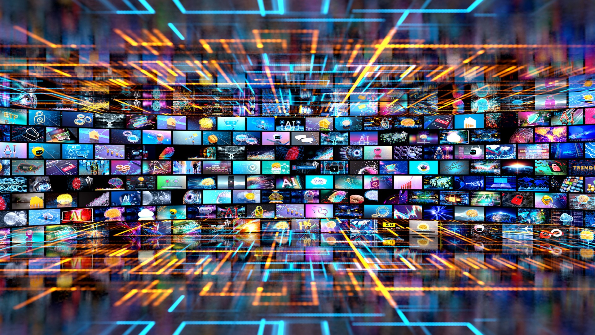 Media concept, multiple television screens.   smart TV. Digital data streaming.